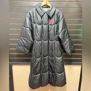 Vintage 1980s Totes Reversible Long Puffer Coat WSU Tie Waist Black Tan M